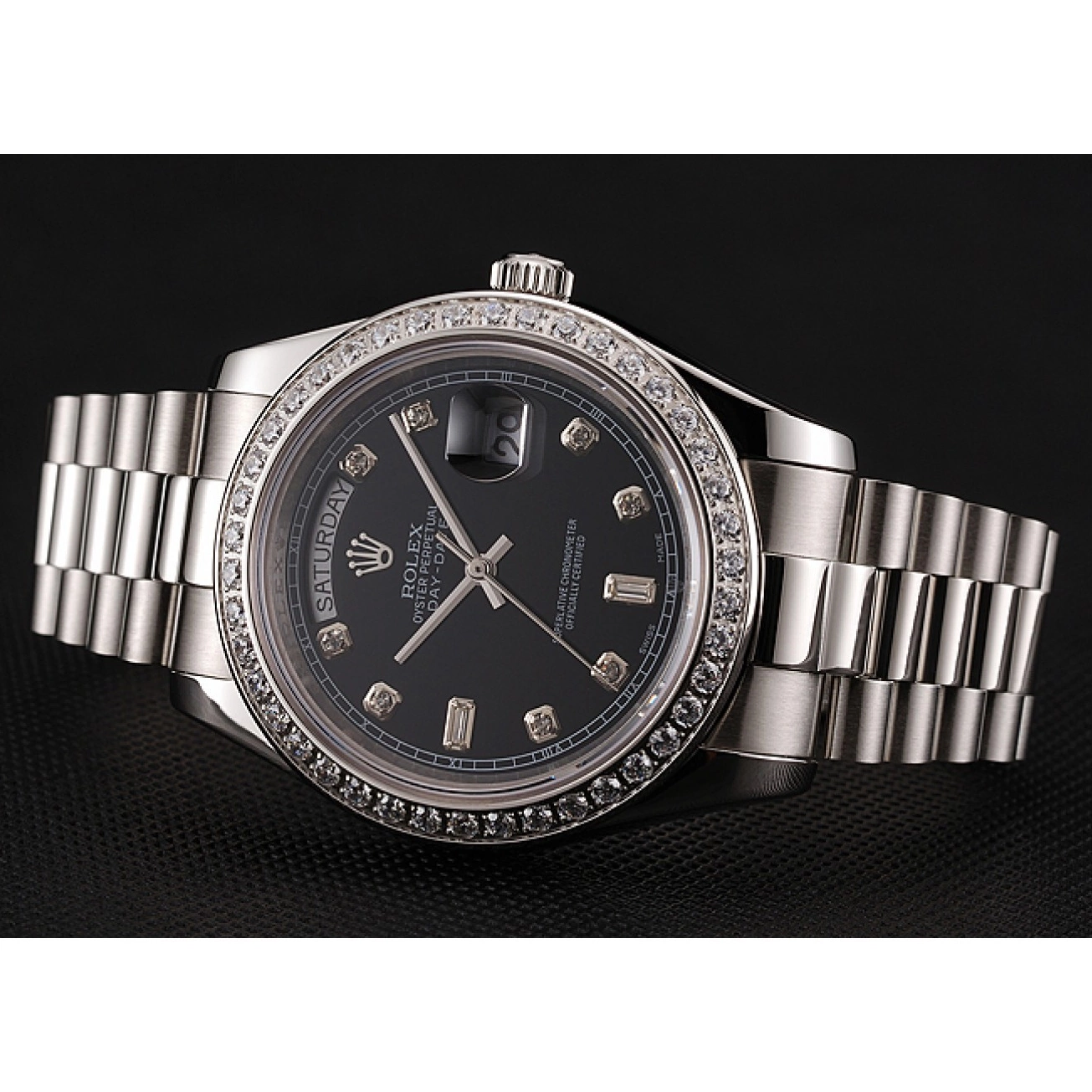 MiroTime 0810 Swiss Rolex Day-Date Black Dial Diamond Case Diamond Numerals Stainless Steel Bracelet 1453966